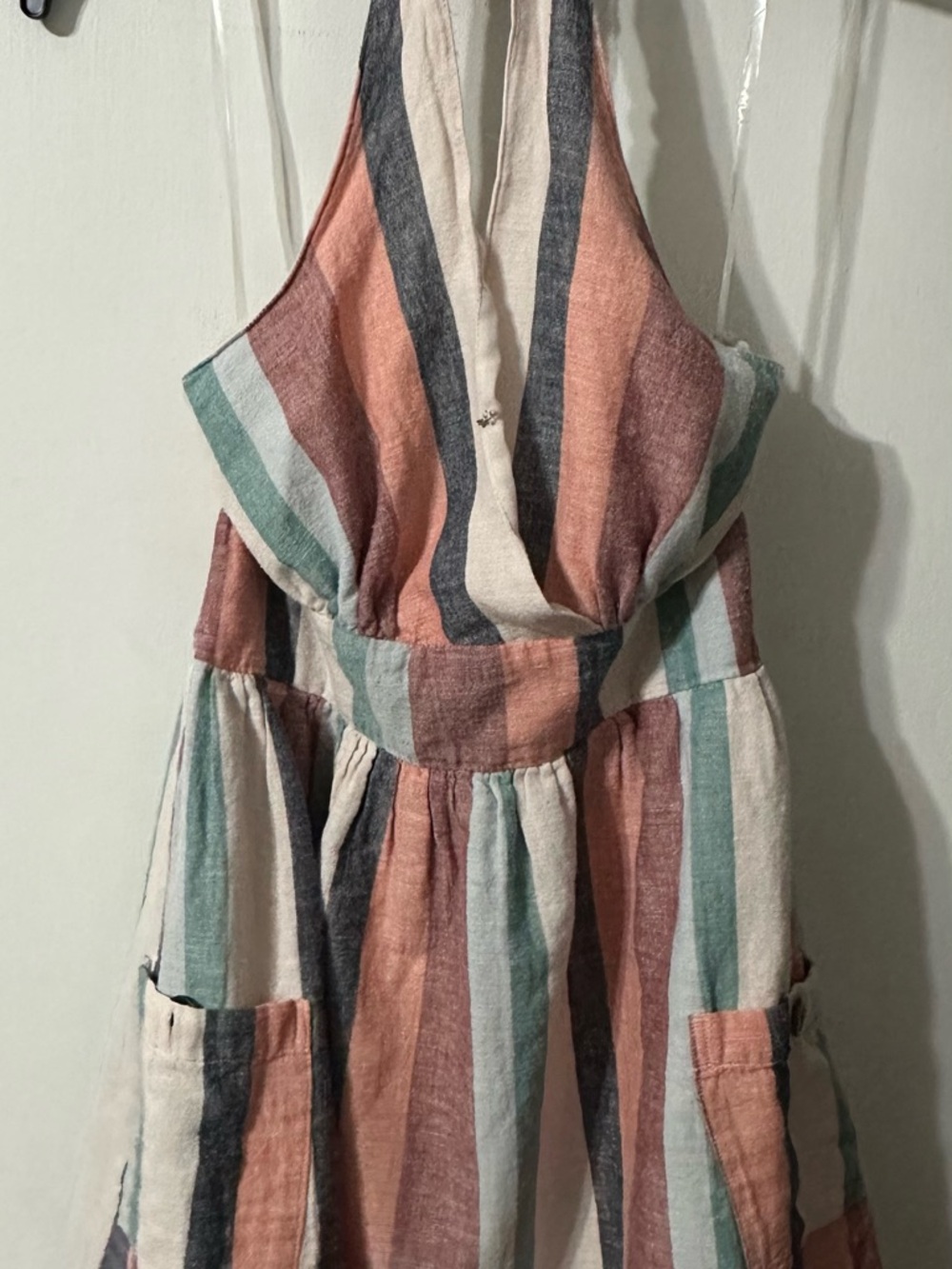 Striped Linen American Eagle Halter Dress in Coral, Teal & Cream